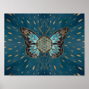 Flower of Life Butterfly - Blue Gemstone och guld Poster