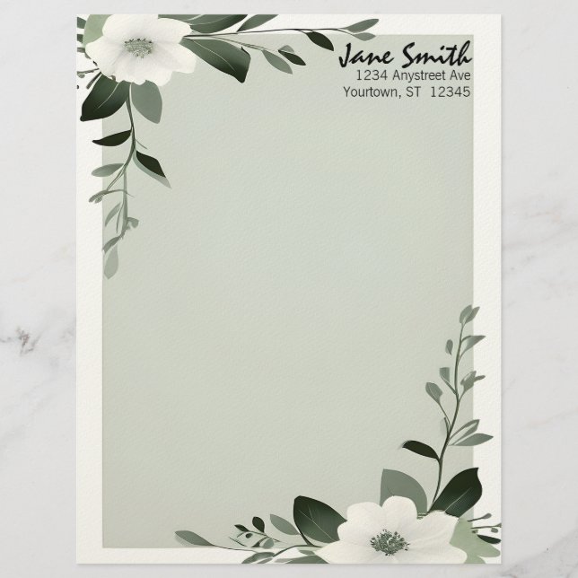 Flower Overlay Sage Green Personalized Stationery Brevhuvud (Framsida)
