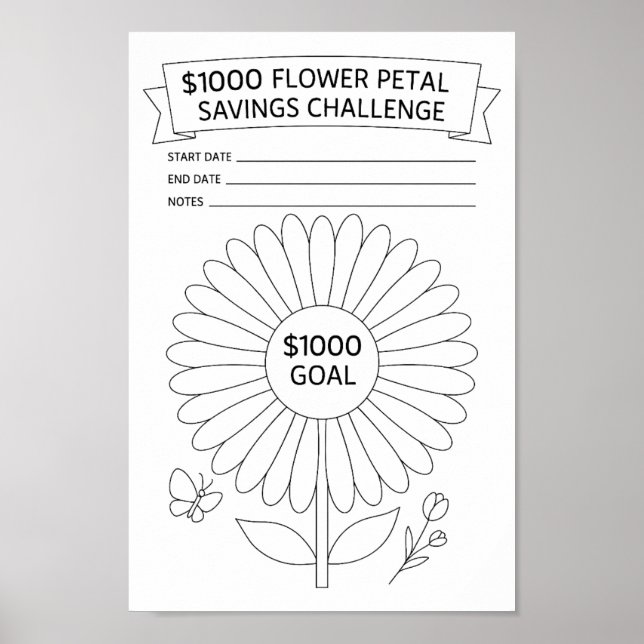 Flower Petals $1000 Savings Challenge Tracker Poster (Framsidan)