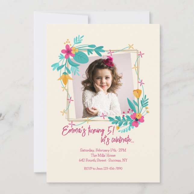 Flower Photo Frame for Girls Inbjudningar (Framsida)