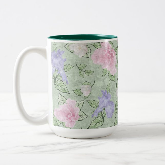 Flower Play Rosa Lavender Grönt Antique-utseende Två-Tonad Mugg (Vänster)