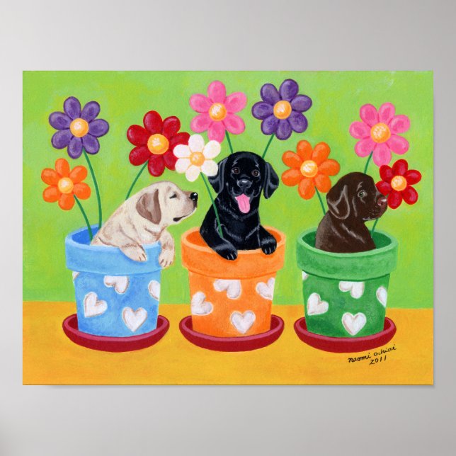 Flower Pot Labrador Puppies Artwork Poster (Framsidan)