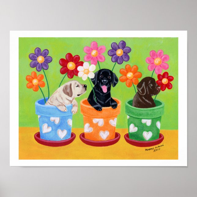 Flower Pot Labrador Puppies Artwork Poster (Framsidan)