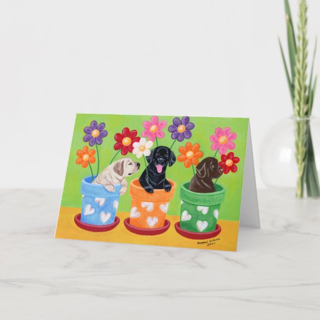 Flower Pot Labrador Puppies Kort (Framsida)