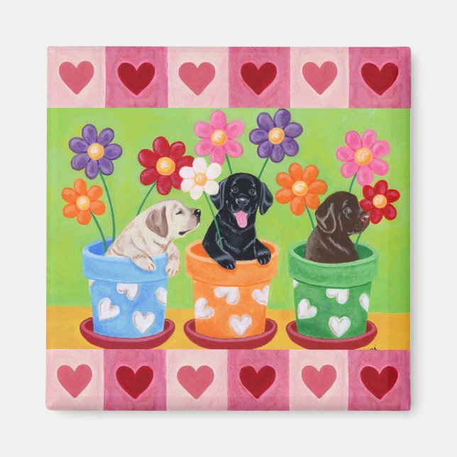 Flower Pot Labrador Puppies Magnet (Framsidan)