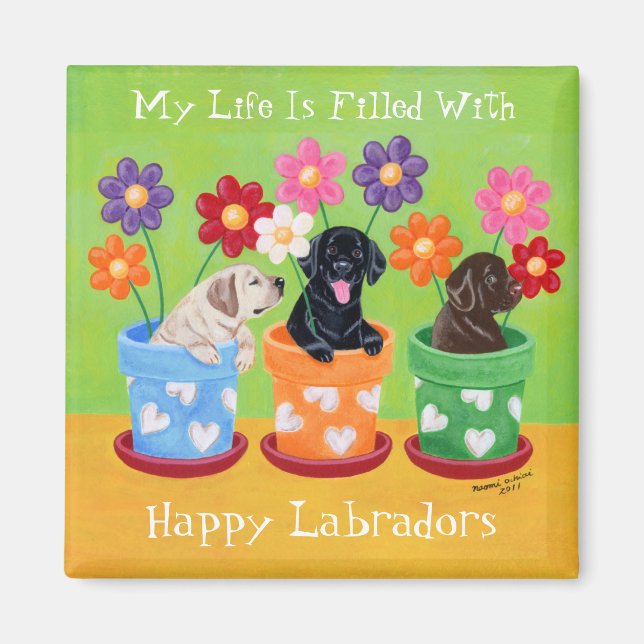 Flower Pot Labrador Puppies Magnet (Framsidan)