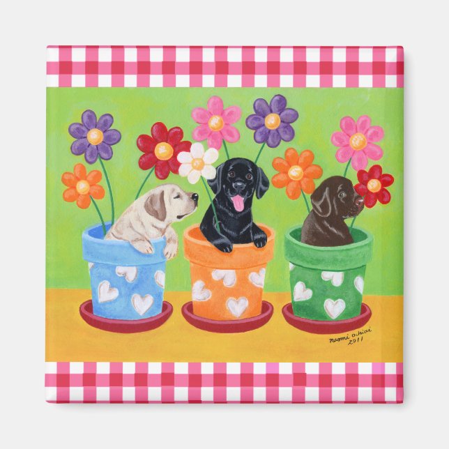 Flower Pot Labrador Puppies Magnet (Framsidan)