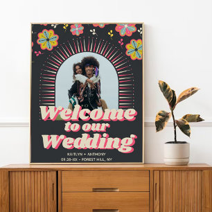 Flower Power 70-tals Retro Groovy Bröllop Välkomme Poster