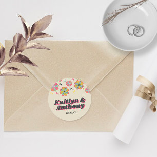 Flower Power 70's Retro Groovy Bröllop Runt Klistermärke