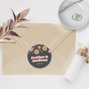 Flower Power 70's Retro Groovy Bröllop Runt Klistermärke