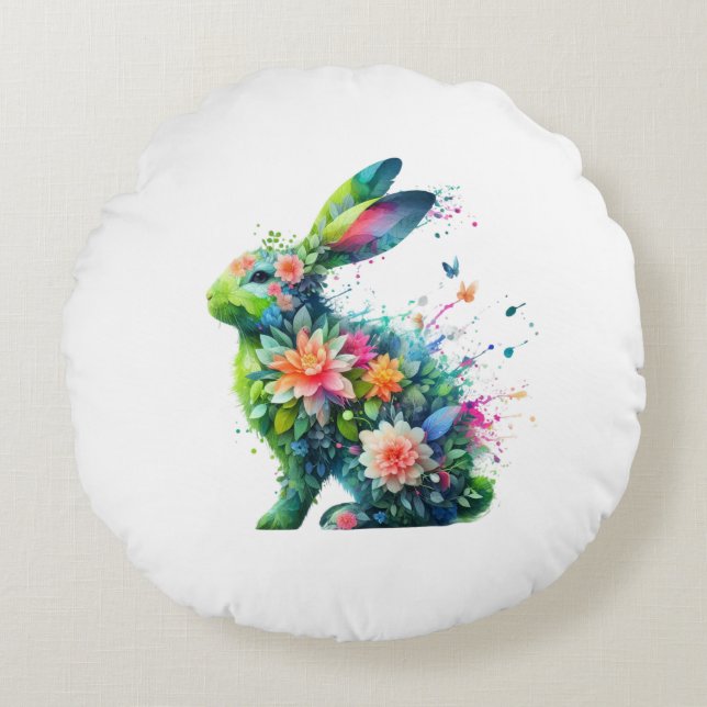 Flower Power Bunny Rabbit Rund Kudde (Framsidan)