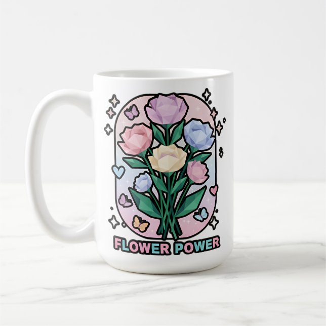Flower Power Enkel Färgrik Tecknad Vit Kaffemugg (Vänster)