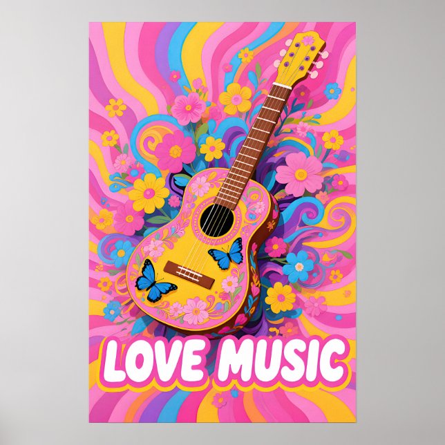 Flower Power Guitar Pop Art Poster (Framsidan)