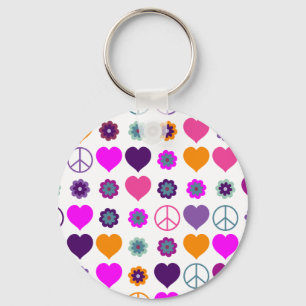 Flower Power Heart Peace Mönster + din backgr. Nyckelring