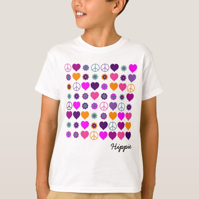 Flower Power Heart Peace Mönster + din backgr. T Shirt (Framsida)