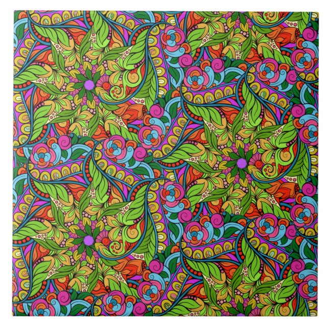 Flower Power! Kort Färgad Neon Mandala Kakelplatta (Framsidan)