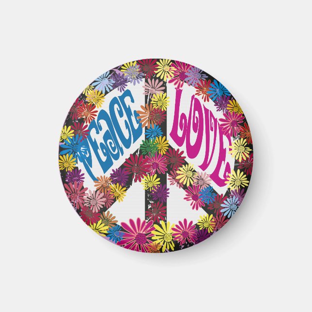 Flower Power Peace & Kärlek Hippie Symbols Magnet (Framsidan)