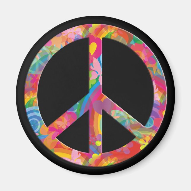 Flower Power Peace | Svart Magnet (Framsidan)