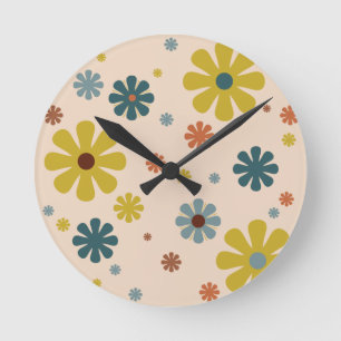 Flower Power Retro 60s Mönster Mustard Blue-Orange Rund Klocka