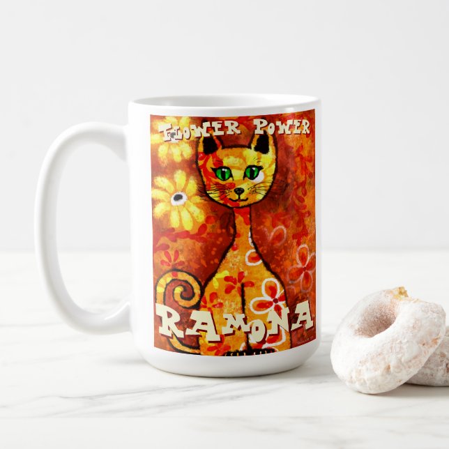 Flower Power Retro Whimsical Cat Personalized Kaffemugg (Med munk)