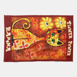 Flower Power Retro Whimsical Cat Personalized Kökshandduk