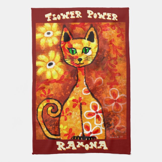 Flower Power Retro Whimsical Cat Personalized Kökshandduk (Vertikal)