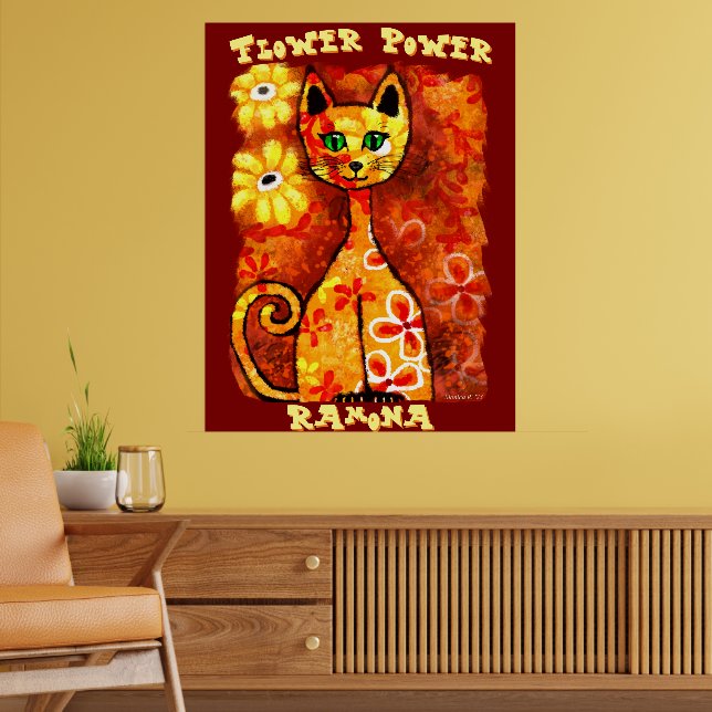 Flower Power Retro Whimsical Cat Personalized Poster (Vardagsrum 2)