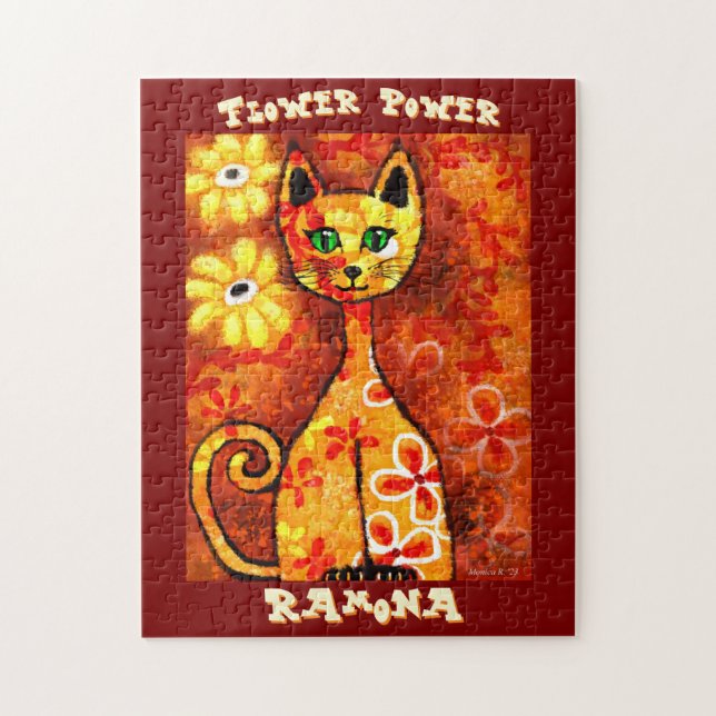 Flower Power Retro Whimsical Katt Personlig Pussel (Vertikal)