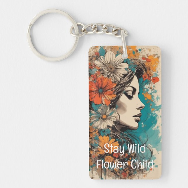Flower Power Retro Woman Porträtt Acrylic Keychain (Framsidan)