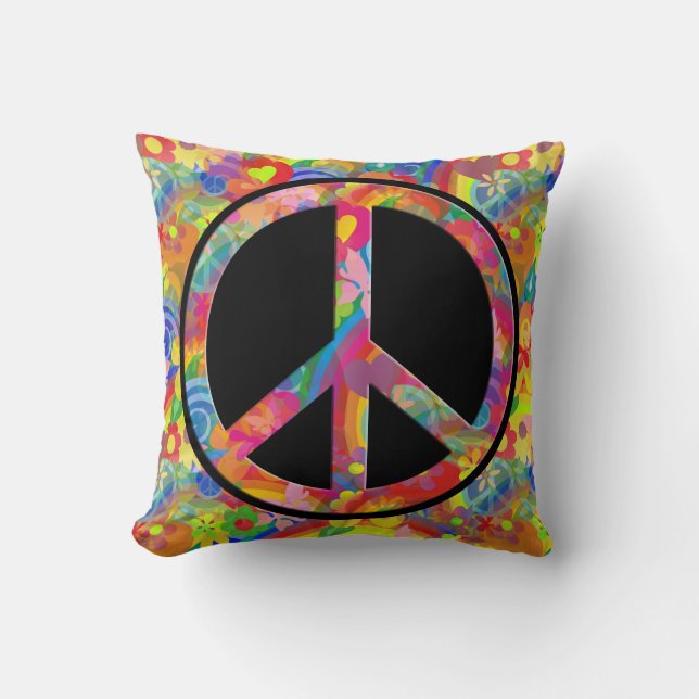 Flower Power Rinbow peace + din bakgrund Kudde (Framsida)
