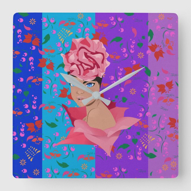 Flower Renewal Bright Blommigt Girl Fyrkantig Klocka (Framsida)