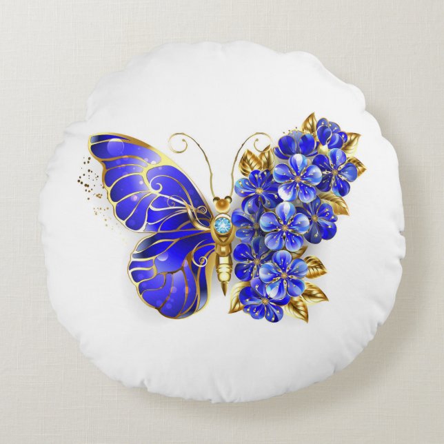 Flower Sapphire Butterfly Rund Kudde (Framsidan)