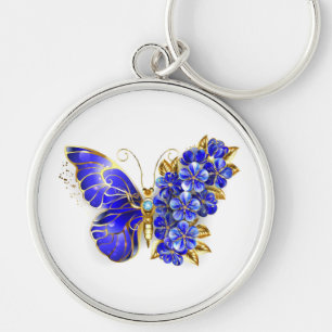 Flower Sapphire Butterfly Rund Silverfärgad Nyckelring