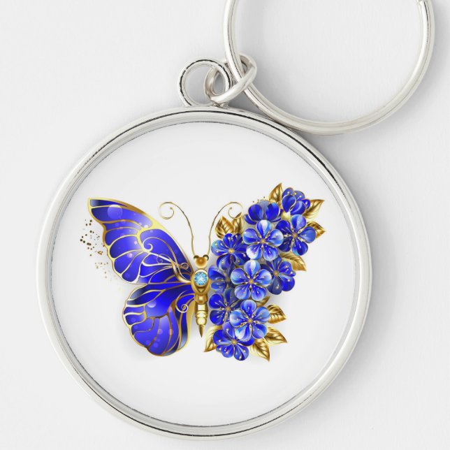 Flower Sapphire Butterfly Rund Silverfärgad Nyckelring (Framsidan)