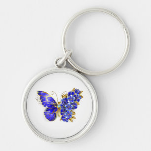 Flower Sapphire Butterfly Rund Silverfärgad Nyckelring