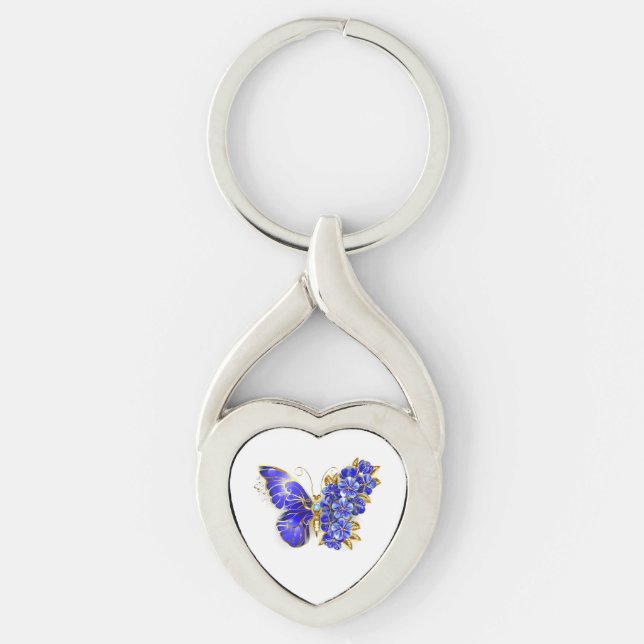 Flower Sapphire Butterfly Twisted Heart Silverfärgad Nyckelring (Framsidan)