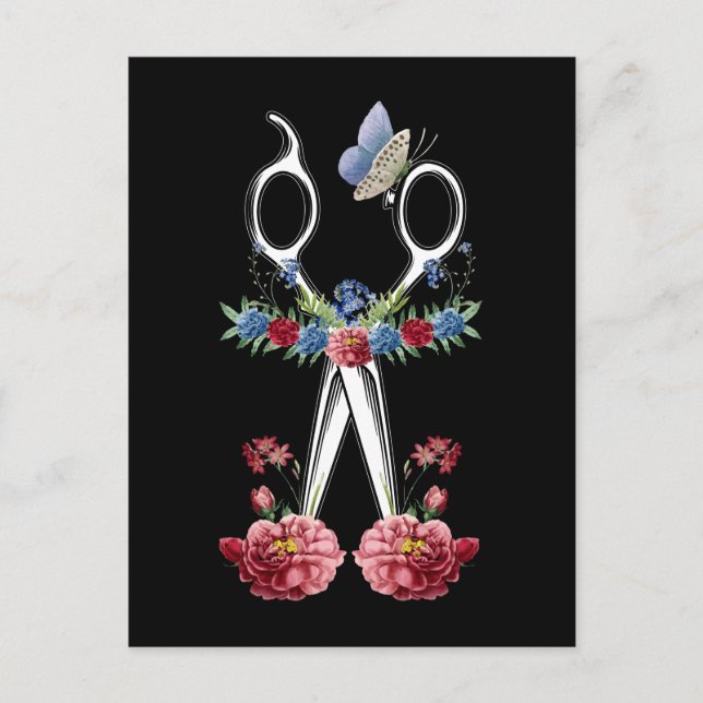Flower Scissors Hair Stylist Blommigt Hairdresser Vykort (Framsida)