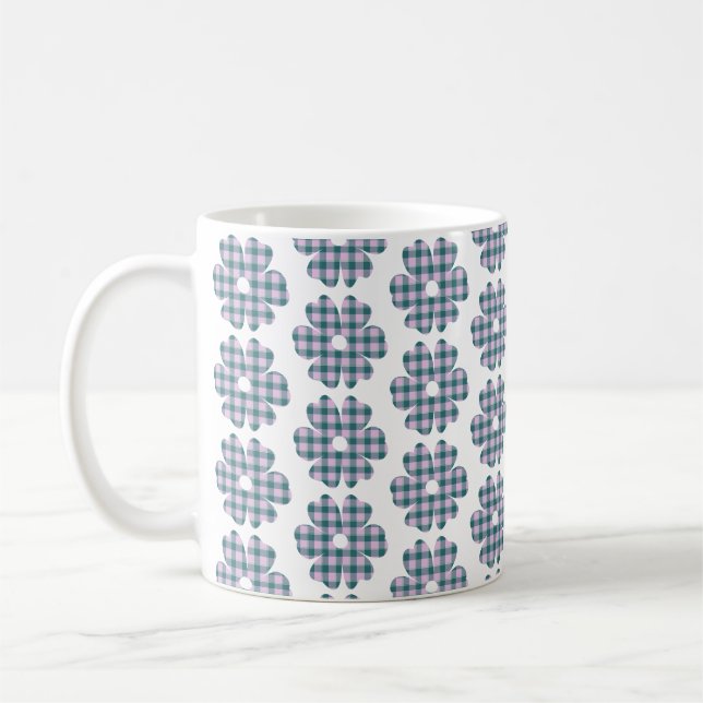 Flower Shape Plaid Pink Teal Kaffemugg (Vänster)