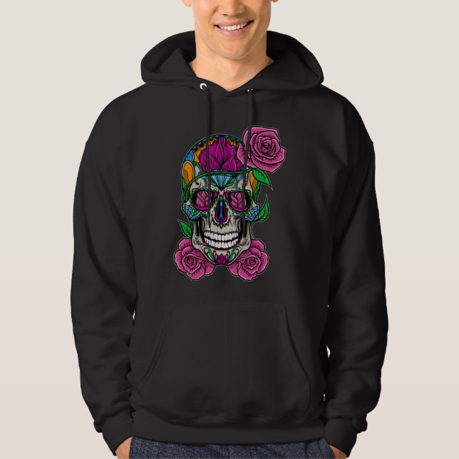 Flower Skull Sugar Roses Floral Skeleton Cute Punk Hoodie (Framsida)