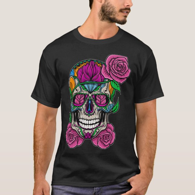 Flower Skull Sugar Roses Floral Skeleton Cute Punk T Shirt (Framsida)