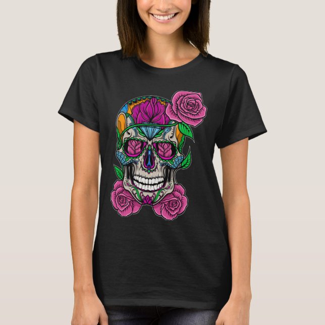 Flower Skull Sugar Roses Floral Skeleton Cute Punk T Shirt (Framsida)