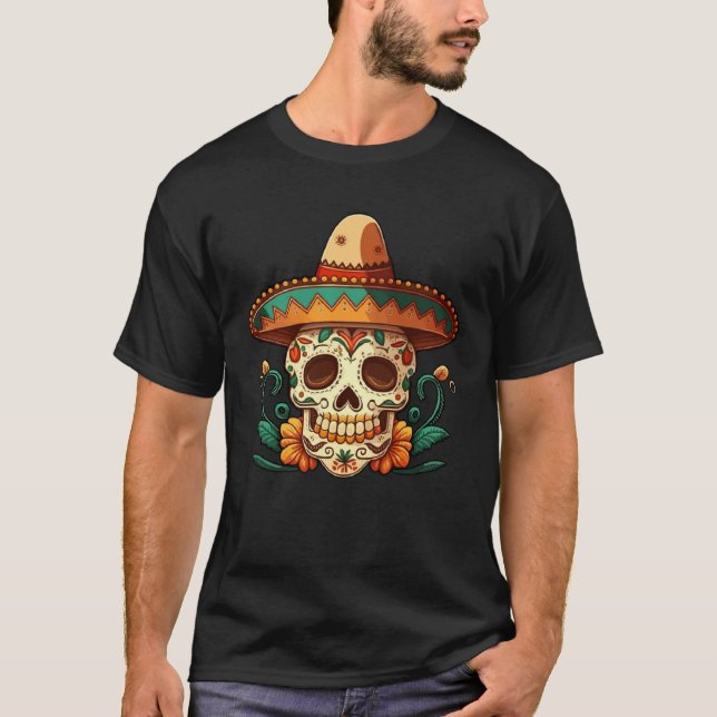 Flower Sugar Skull Dia de Los Muertos Cinco De may T Shirt (Framsida)