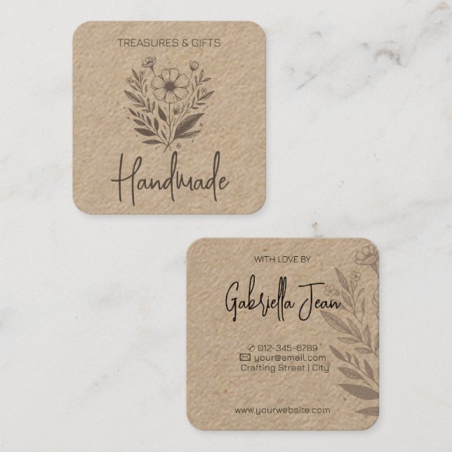 Flower Teckning Handmade Craft Simple Kraft Papper Fyrkantigt Visitkort (Fram/baksida)