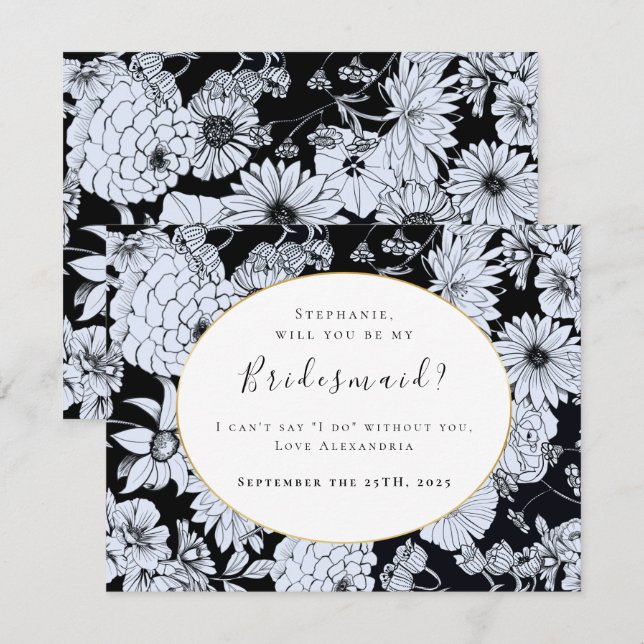 Flower teckning, svart vit "Be my bridesmaid" Inbjudningar (Fram/baksida)