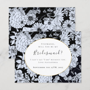 Flower teckning, svart vit "Be my bridesmaid" Inbjudningar
