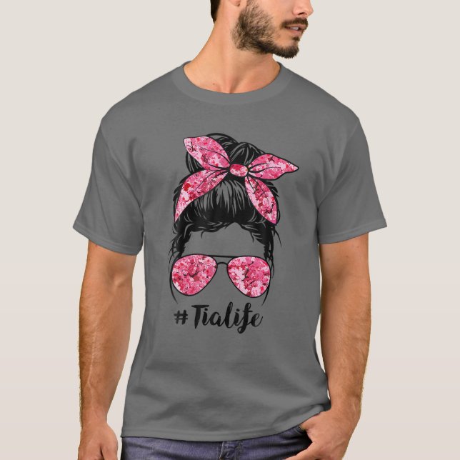 Flower Tia Life Messy Bun Hair Glasses Rosa Mor T Shirt (Framsida)