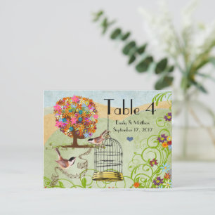 Flower Träd Birds & Bird Cage Bröllop Number Card Vykort