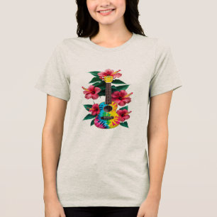 Flower Ukulele Guitar T-Shirt Round Nacke Kort Sle