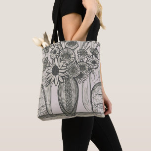 Flower Vas Line Teckning Blommigt Art Tygkasse