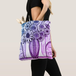 Flower Vas Line Teckning Lila Blue Blommigt Art Tygkasse